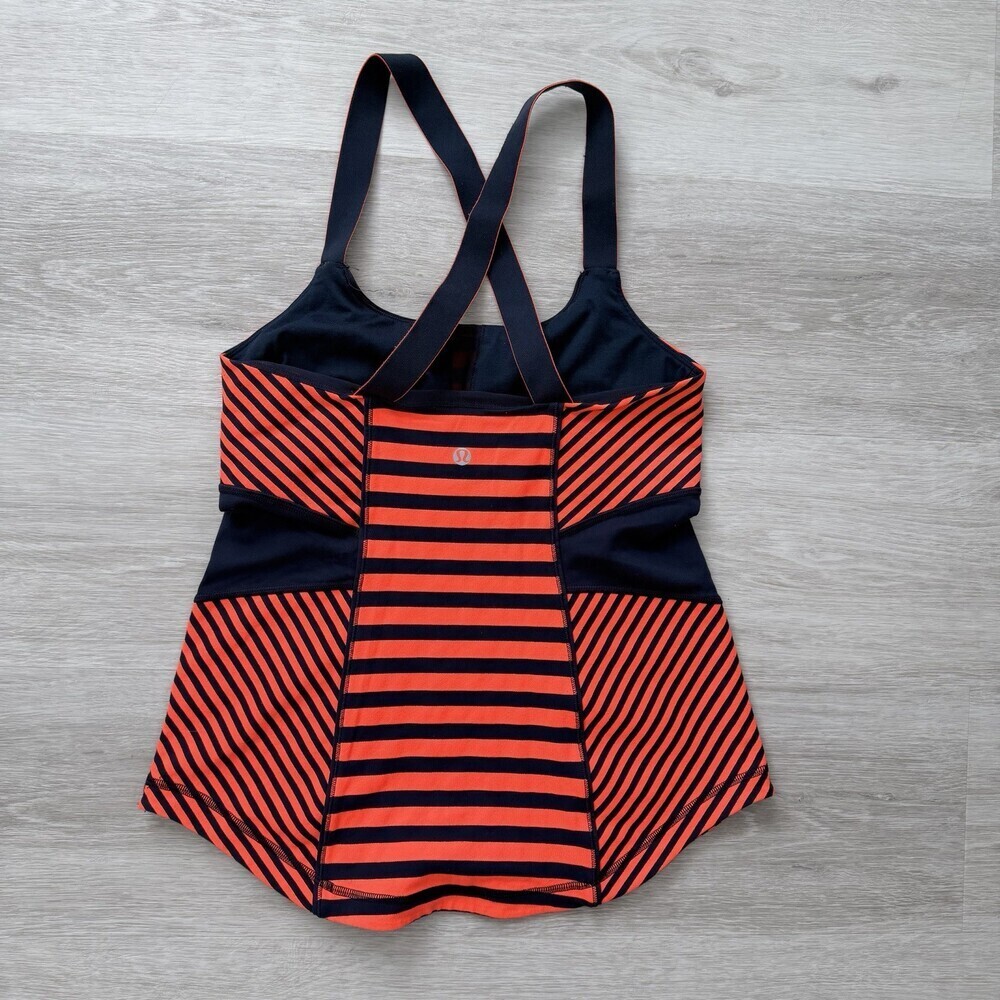 Lululemon Striped Tank Top Orange Navy Blue Strappy Back Built-in Bra Size 2/4 - Picture 2 of 8